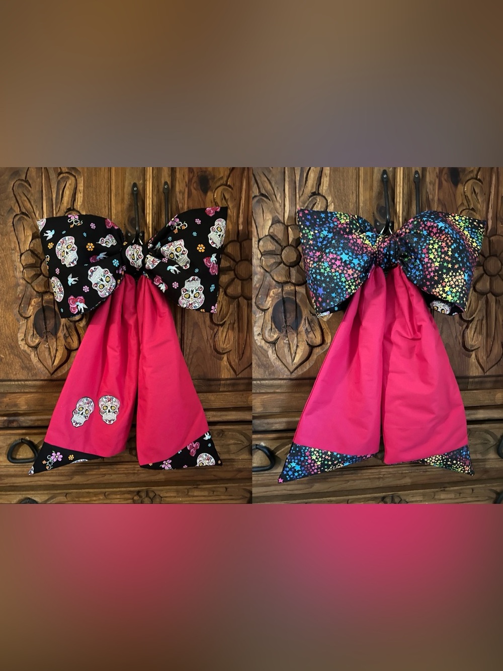 Hot Pink Bow Reversible Door Decor with Sugar Skull & Star Print
